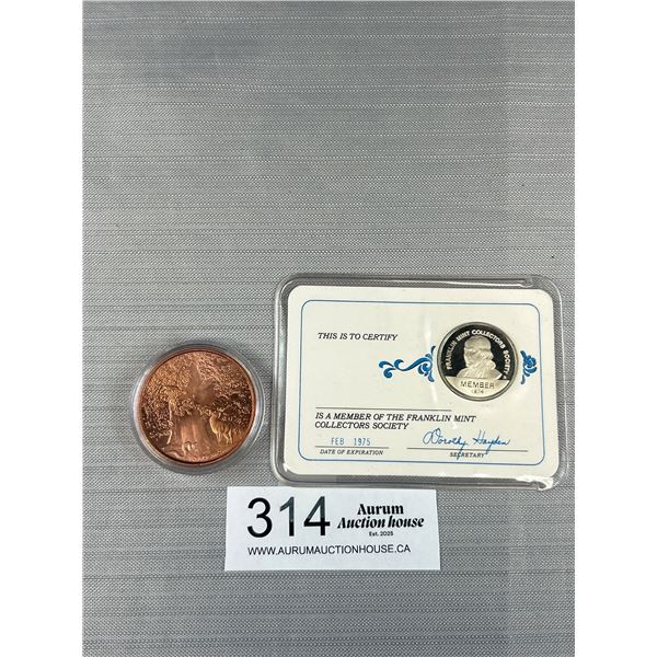 Sterling Silver Franklin Mint Coin + 1 Oz Copper Mint Coin
