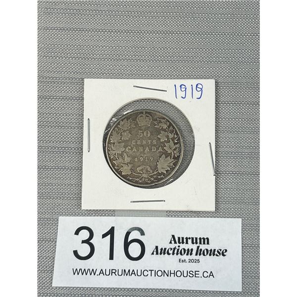 1919 Silver Canada 50 Cent Coin