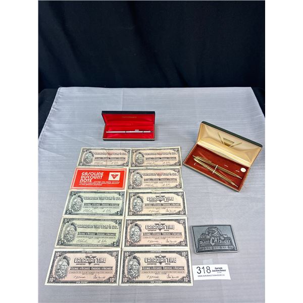 Vintage Collectible Lot of Pens, Canadian Tire Money and Black Cat Belt Buckle