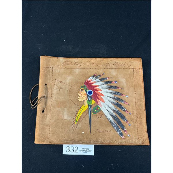 Vintage Leather Photo Album w/ Inidian Chief on Front, From Calgary w/ Few Post Cards