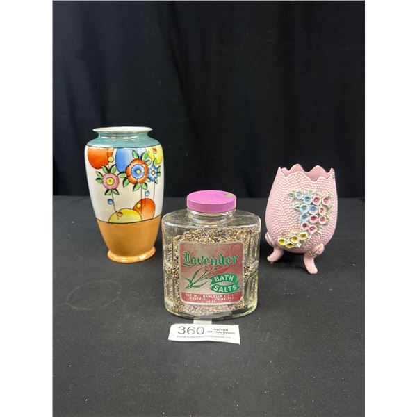 3 Vintage Décor Pieces -6" H "Egg" Made in Japan, Lavendar Bath Salts and Vase