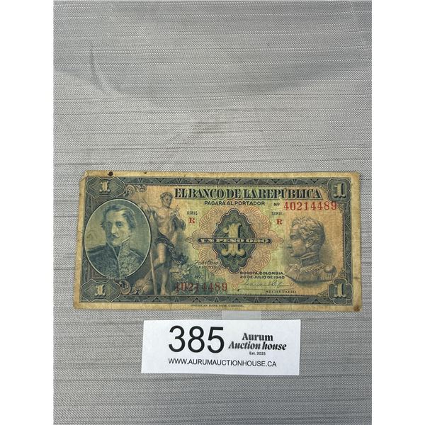 Scarce 1940 1 Peso Columbia Banknote