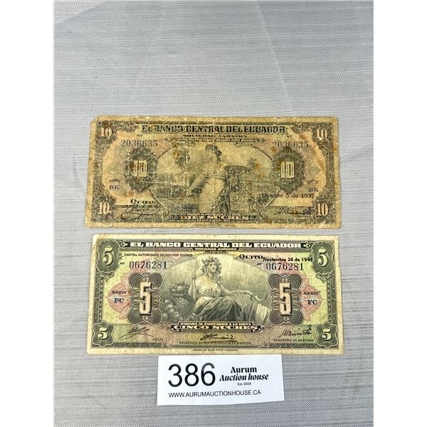 2 Early Equador Banknotes 1937 and 1941 (5 + 10 Sucres)