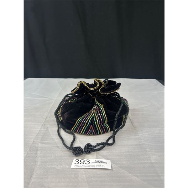 Black Velour Drawstring Purse w/ Colourful Bead Design