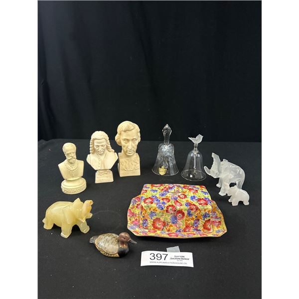 Vintage Home Décor Lot, Small Busts, Crystal Bells, Etc