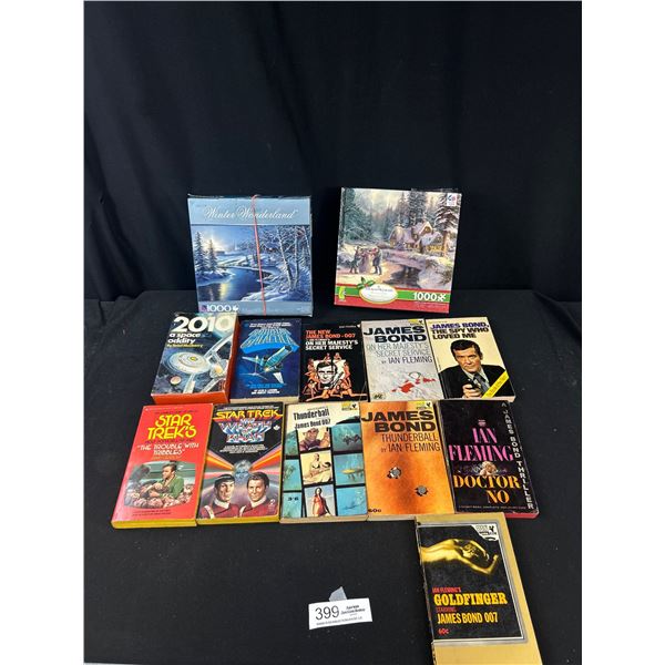 Lot of Vintage Paperback Novels, 007, Star Trek, Etc + 2 Puzzles