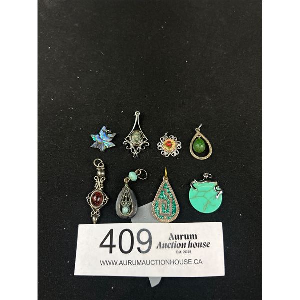 8 Vintage Sterling Silver, Some w/ Gem Stones Pendants