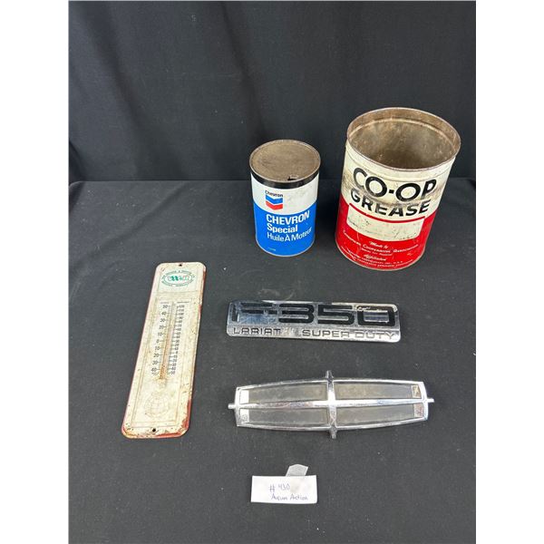 5 Pc Vintage Collectible Lot, Thermometer, Oil Cans, Emblems