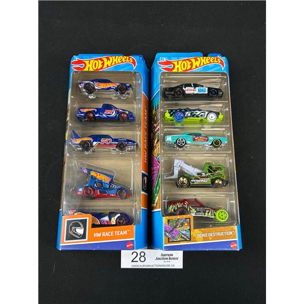 2 Sets of 5 Hotwheels Sets, Demo Destruction and HW Race Team