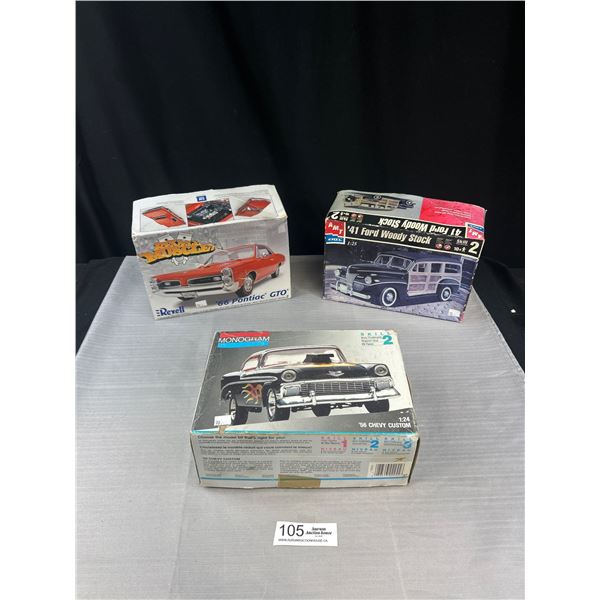 Lot of 3 Model Carsk, 42 Woody Stock, 66 Pontiac GTO, 56 Chevy Custom