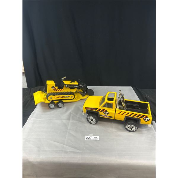 Vintage Metal Tonka Truck and Bulldozer w/ Plastic Trailor, Great Shape