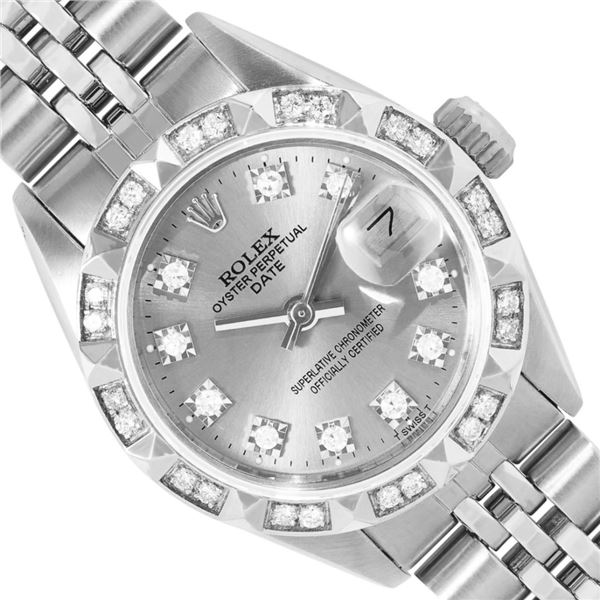 Rolex Ladies Stainless Steel Silver Diamond Date Wristwatch 26MM