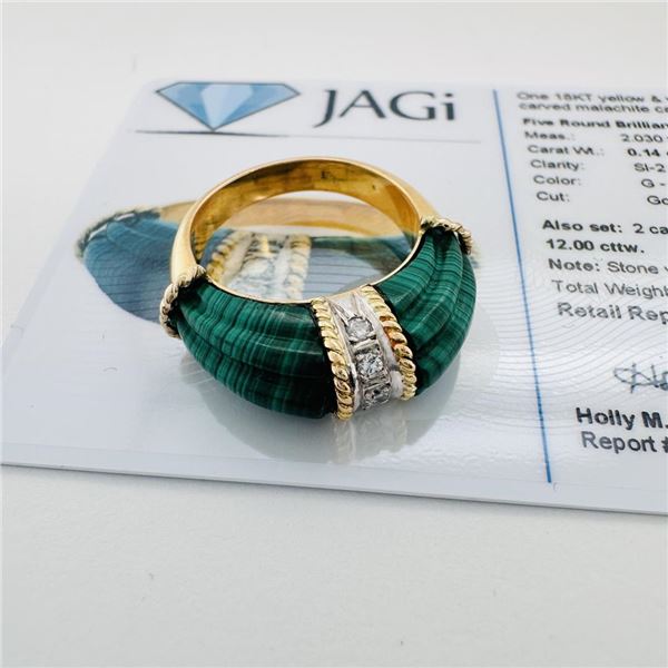 Title: 12.00 ctw Malachite and 0.14 ctw Diamond 18K Yellow & White Gold Ring