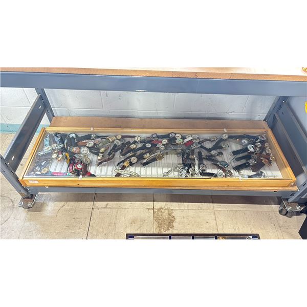 SHADOW BOX WITH ASSORTED DISNEY WATCHES *GLASS ON SHADOW BOX HAS A CRACK*