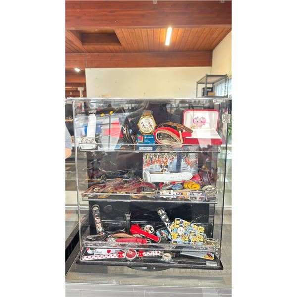 ROTATING LOCKING DISPLAY CASE WITH ASSORTED DISNEY WATCHES & MORE *WITH KEY*
