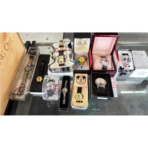 WOODEN BOX OF ASSORTED DISNEY WATCHES