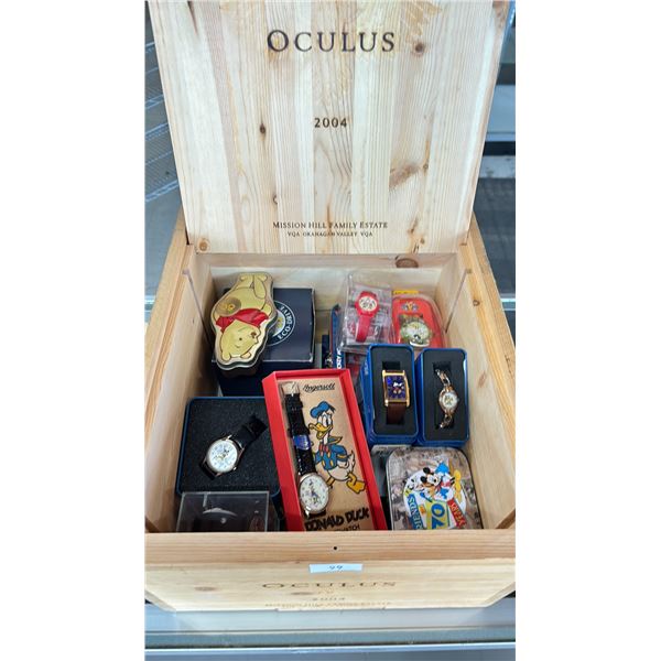 WOODEN BOX OF ASSORTED DISNEY WATCHES