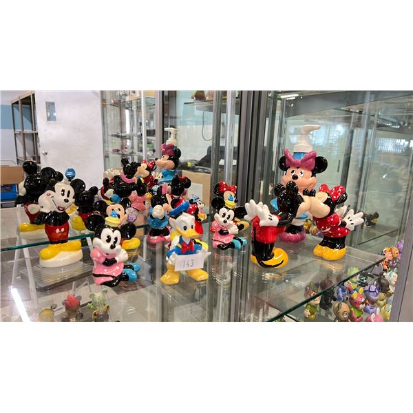ASSORTED GLASS MICKEY, MINNIE + DONALD DUCK FIGURES & A MINNIE SOAP DISPENSER