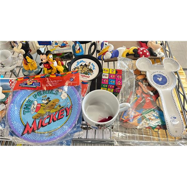 SHELF OF DISNEY COLLECTIBLES - TEACUPS, PICTURE FRAME, SNOW GLOBE, COOKIE STAMP, WINE GLASSES,