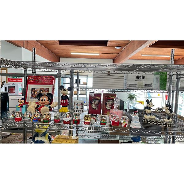 SHELF DISNEY OF COLLECTIBLES - SNOW GLOBES, CHRISTMAS TREE ORNAMENTS, MINNIE MOUSE CLOCK,