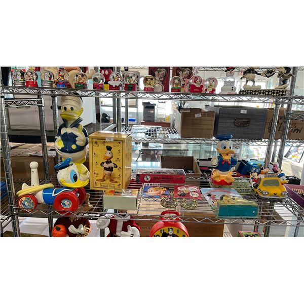 SHELF OF DISNEY COLLECTIBLES - DECOR ITEMS, PINS, WHATTA MOUSE CD, METAL SHOWER HOOKS, VINTAGE