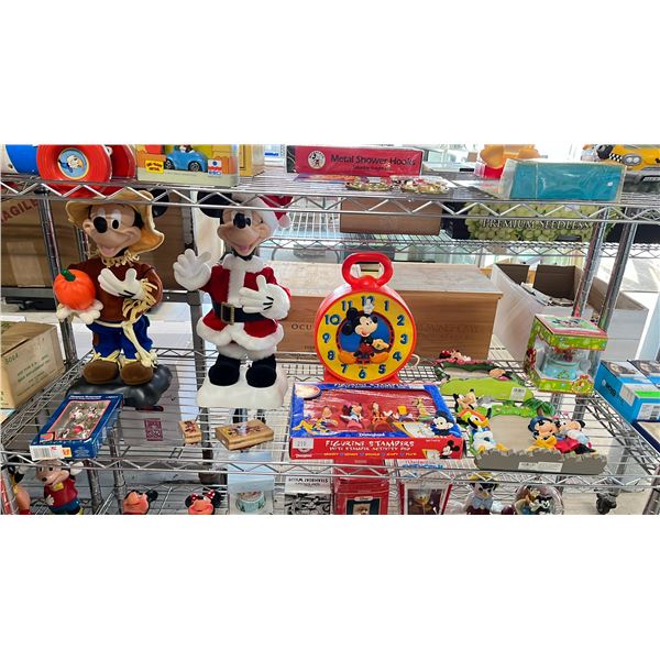 SHELF OF DISNEY COLLECTIBLES - ANIMATRONIC MICKEY MOUSE (SANTA SUIT & HALLOWEEN), STAMPS, SNOW