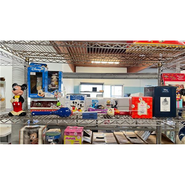 SHELF OF DISNEY COLLECTIBLES - MINNI DOING LAUNDRY FIGURINE, STEAMBOAT WILLIE BOX, SALT +