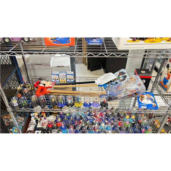 SHELF OF DISNEY COLLECTIBLES - ASSORTED DOMEZ FIGURES, DISNEY CHILDRENS SHOVELS, MICKEY