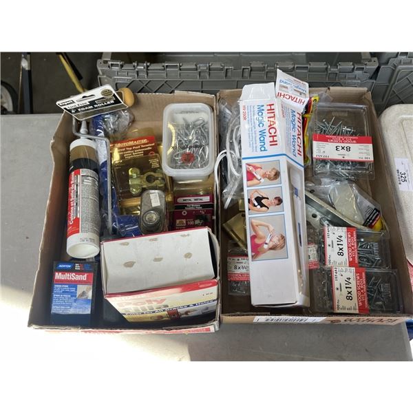 TWO TRAYS OF HARDWARE, WASHERS CRACK FILLER AND MORE