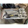 Image 1 : COLLAPSIBLE RAKE, VEHICLE JACK, BIKE PUMP PICKUP TOOL, CROWBAR, SAW, SQUARES AND PERSONAL CART