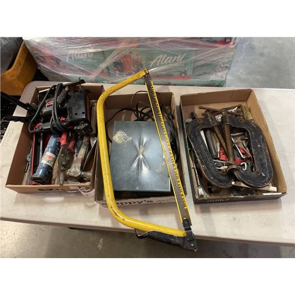 3 TRAYS OF HAND TOOLS, C-CLAMPS AND TORCAN CAR WARMER