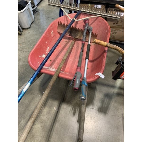 TRUE TEMPER PLASTIC WHEELBARROW WITH LANDSCAPE TOOLS
