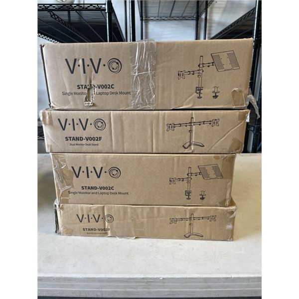2 VIVO DUAL MONITOR DESK STANDS, AND 2 VIVO SINGLE MONITOR AND LAPTOP DESK MOUNTS