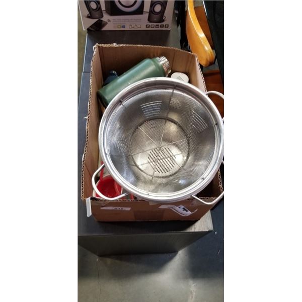 BOX OF WATER BOTTLES, METAL STRAINER AND MORE