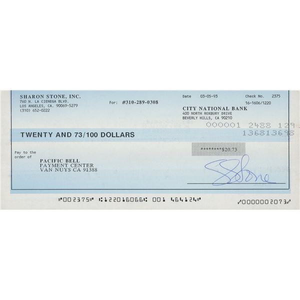Basic Instinct Sharon Stone signed check