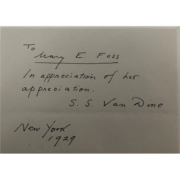 1929 S. Critic S. Van Dine aka Willard Huntington Wright signed note