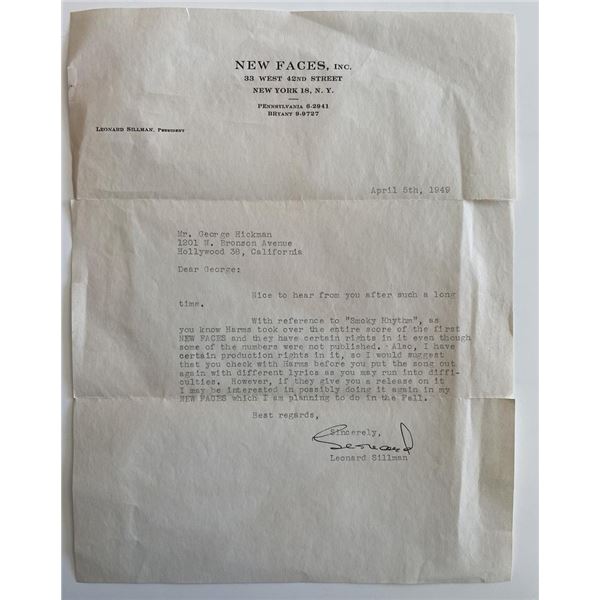 Music producer Leonard Sillman signed letter