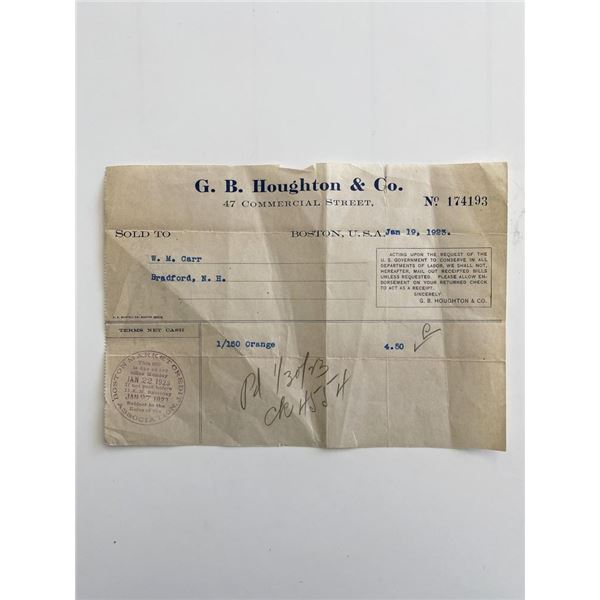 G.B. Houghton & Co. 1923 Boston Massachusetts Billhead
