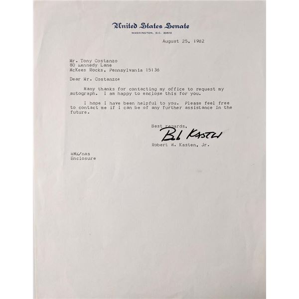 US Senator Robert W. Kasten, Jr. signed letter