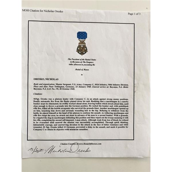WWII Nicholas Oresko Signed Medal Of Honor Citation