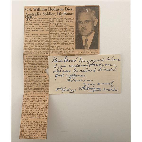 1946 Lt. Col. William R. Hodgson signed note with newspaper clipping
