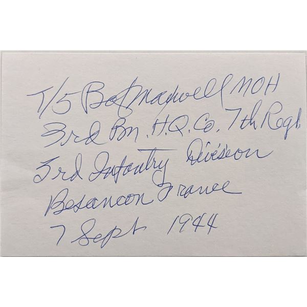 WWII Medal of Honor Recipient Robert D. Maxwell signed note