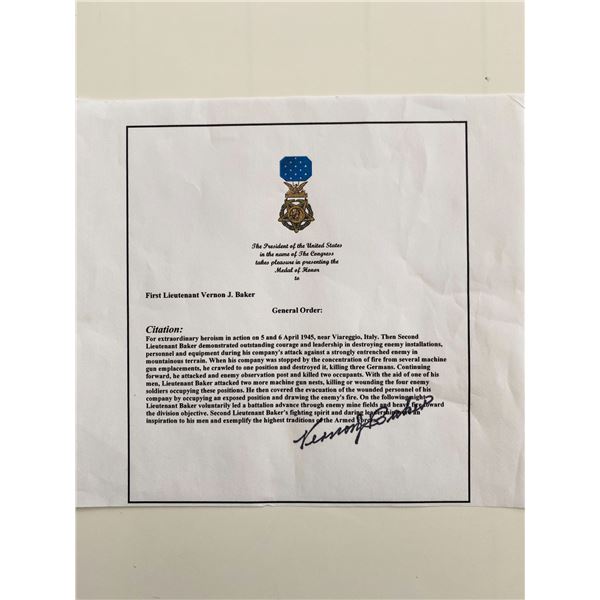 WWII First LT. Vernon J. Baker Signed Medal Of Honor Citation