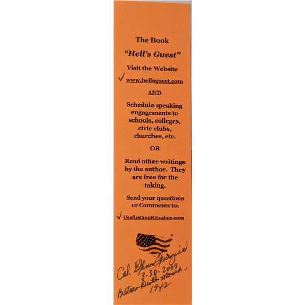 WW2 military Bataan Death March Survivor   Col. Glenn D Frazier signed Hell's Guest bookmark