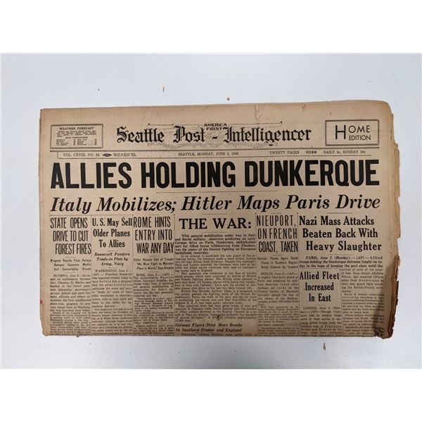 Allies Holding Dunkerque Seattle Post 1940 Vintage Newspaper