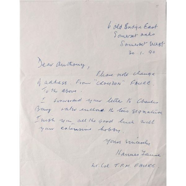 WW2 Military LT. Col. Hannes Faure signed letter
