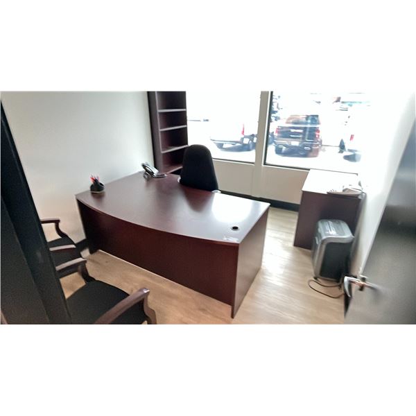MAHOGANY FINISH OFFICE SET - DESK, BOOKSHELF, FILING CABINET, (2) CLIENT CHAIRS AND
