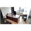 Image 1 : MAHOGANY FINISH OFFICE SET - DESK, BOOKSHELF, FILING CABINET, (2) CLIENT CHAIRS AND