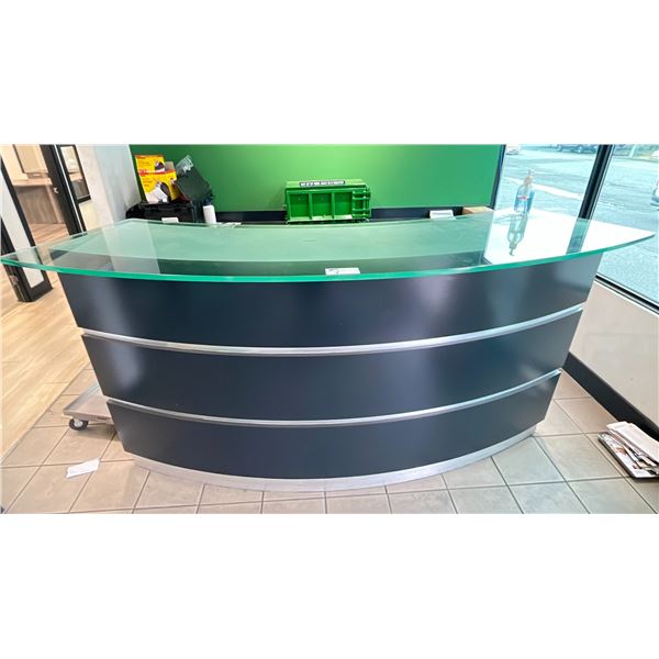 THICK GLASS TOP RECEPTION COUNTER - APPROX. 96" ACROSS X 32" WIDE X 48" HIGH