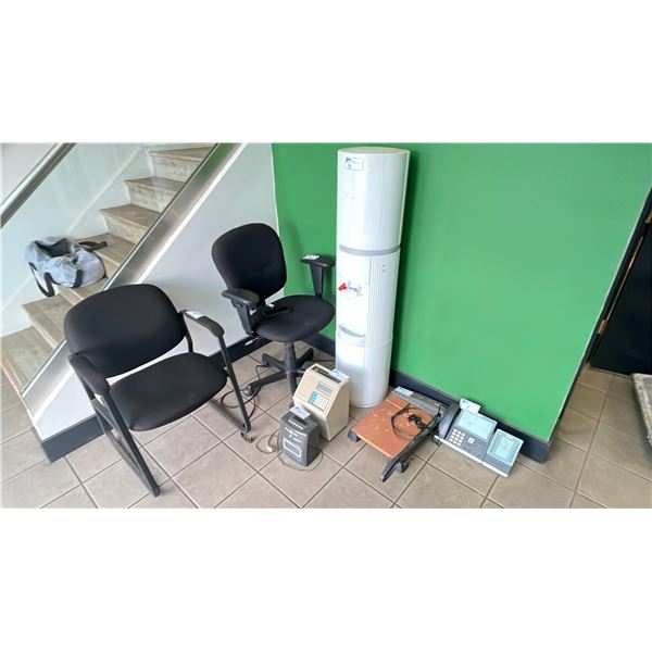 GROUP OF ASSORTED OFFICE ITEMS - WATER COOLER, (2) OFFICE CHAIRS, (2) TIME CARD PUNCH CLOCKS,